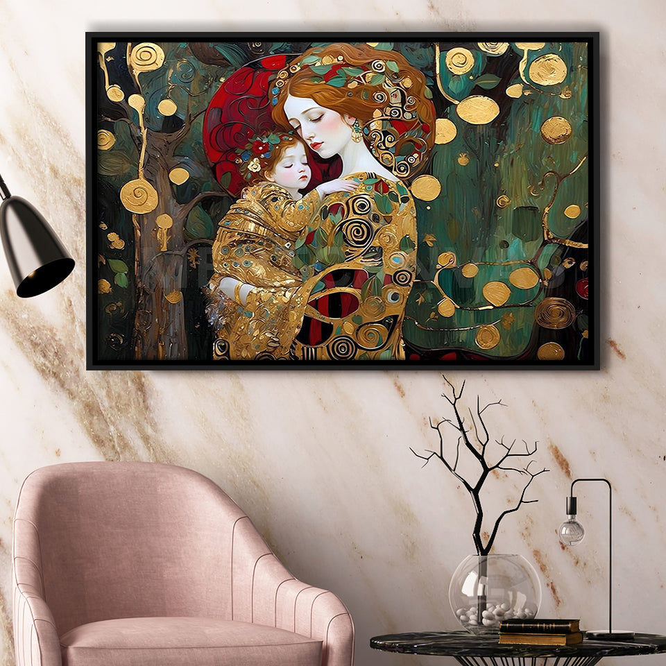 Mother And Child Art,Klimt Mother And Child,Gustav Klimt Art, Framed Canvas Print Wall Art Decor,Floating Frame