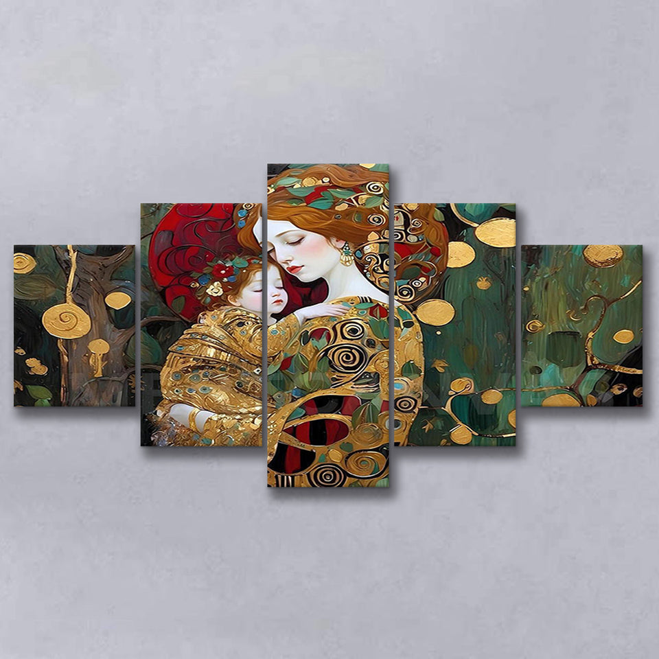 Mother And Child Art,Klimt Mother And Child,Gustav Klimt Art, Multi Panel Canvas Print Wall Art Decor, 5 Mixed Panel
