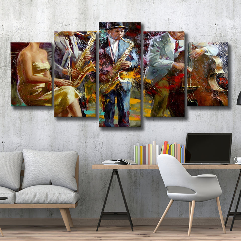Saxophone Wall Art,Jazz Painting,Black Jazz Art,Abstract Jazz Art, Multi Panel Canvas Print Wall Art Decor, 5 Mixed Panel