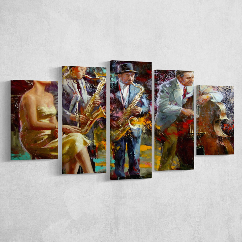 Saxophone Wall Art,Jazz Painting,Black Jazz Art,Abstract Jazz Art, Multi Panel Canvas Print Wall Art Decor, 5 Mixed Panel