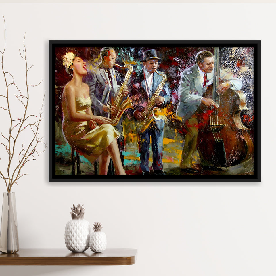 Saxophone Wall Art,Jazz Painting,Black Jazz Art,Abstract Jazz Art, Framed Canvas Print Wall Art Decor,Floating Frame