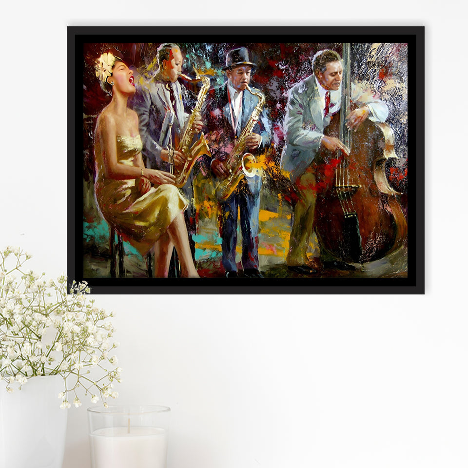 Saxophone Wall Art,Jazz Painting,Black Jazz Art,Abstract Jazz Art, Framed Canvas Print Wall Art Decor,Floating Frame