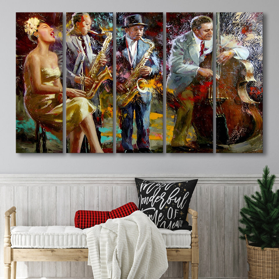Saxophone Wall Art,Jazz Painting,Black Jazz Art,Abstract Jazz Art, Extra Large Multi 5 Panel Canvas Print Wall Art Decor