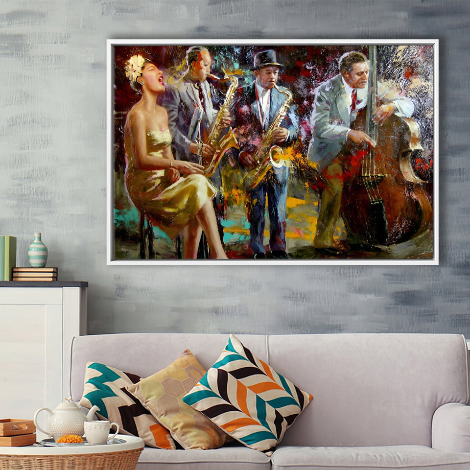 Saxophone Wall Art,Jazz Painting,Black Jazz Art,Abstract Jazz Art, Framed Canvas Print Wall Art Decor,Floating Frame