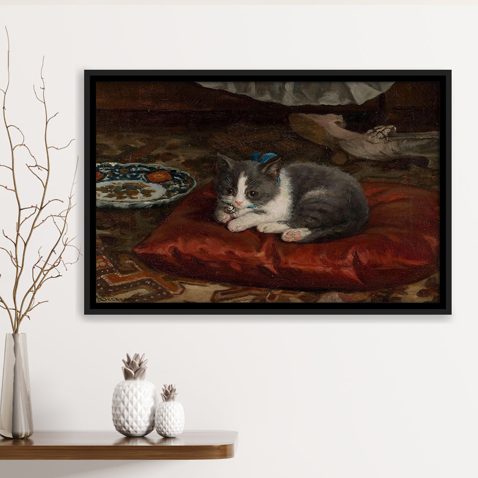 The Cat On The Pillow Adolf Von Becker Print,Vintage Art Print, Framed Canvas Print Wall Art Decor,Floating Frame