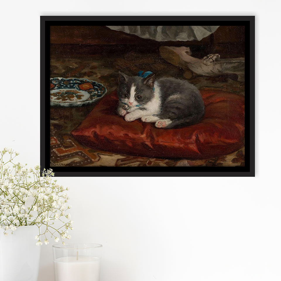 The Cat On The Pillow Adolf Von Becker Print,Vintage Art Print, Framed Canvas Print Wall Art Decor,Floating Frame