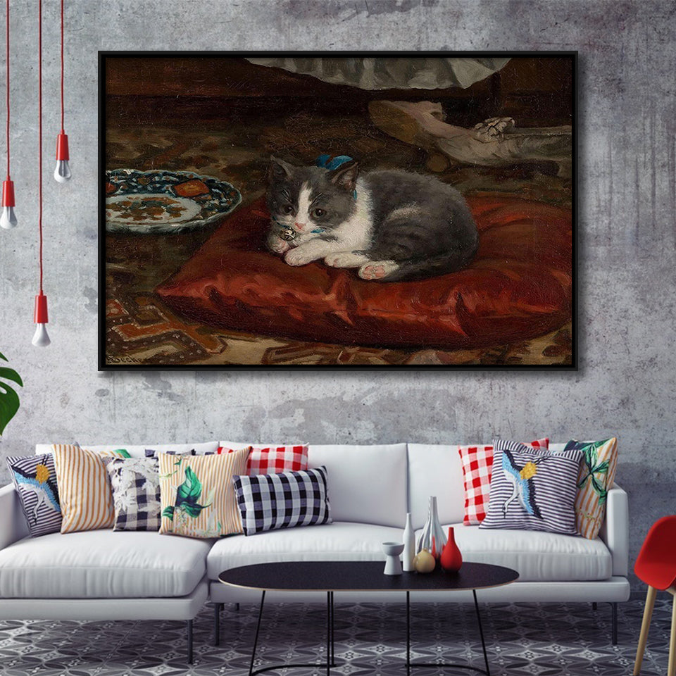 The Cat On The Pillow Adolf Von Becker Print,Vintage Art Print, Framed Canvas Print Wall Art Decor,Floating Frame