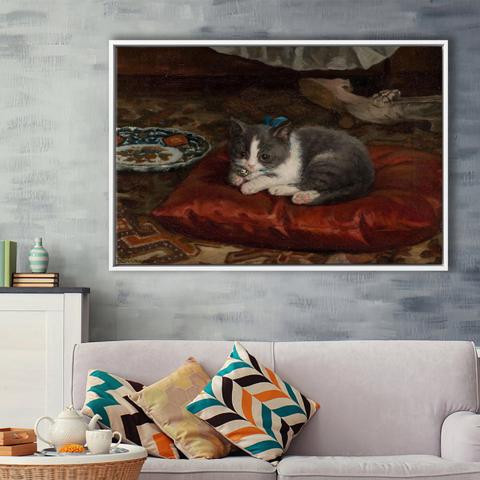 The Cat On The Pillow Adolf Von Becker Print,Vintage Art Print, Framed Canvas Print Wall Art Decor,Floating Frame