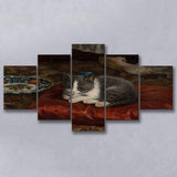 The Cat On The Pillow Adolf Von Becker Print,Vintage Art Print, Multi Panel Canvas Print Wall Art Decor, 5 Mixed Panel