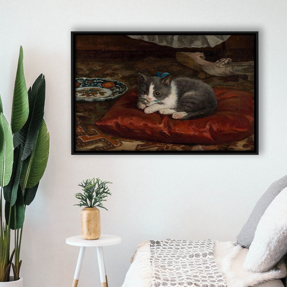 The Cat On The Pillow Adolf Von Becker Print,Vintage Art Print, Framed Canvas Print Wall Art Decor,Floating Frame