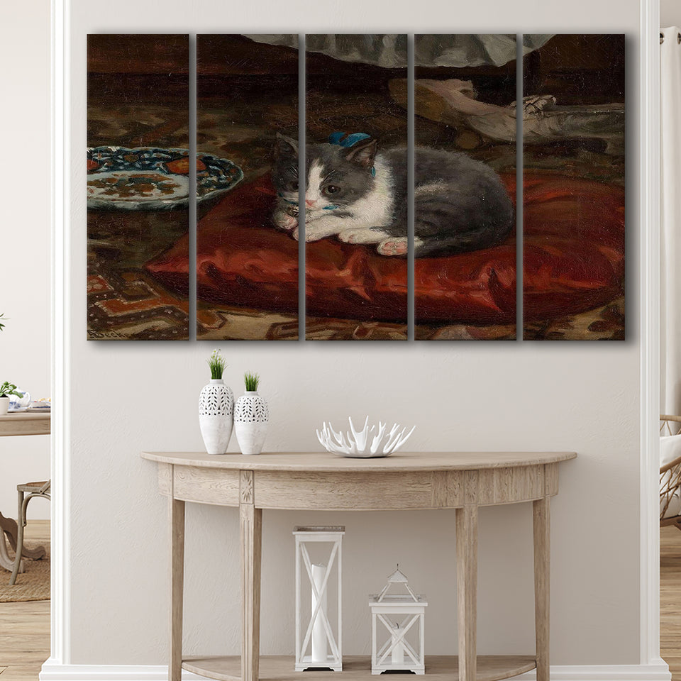 The Cat On The Pillow Adolf Von Becker Print,Vintage Art Print, Extra Large Multi 5 Panel Canvas Print Wall Art Decor