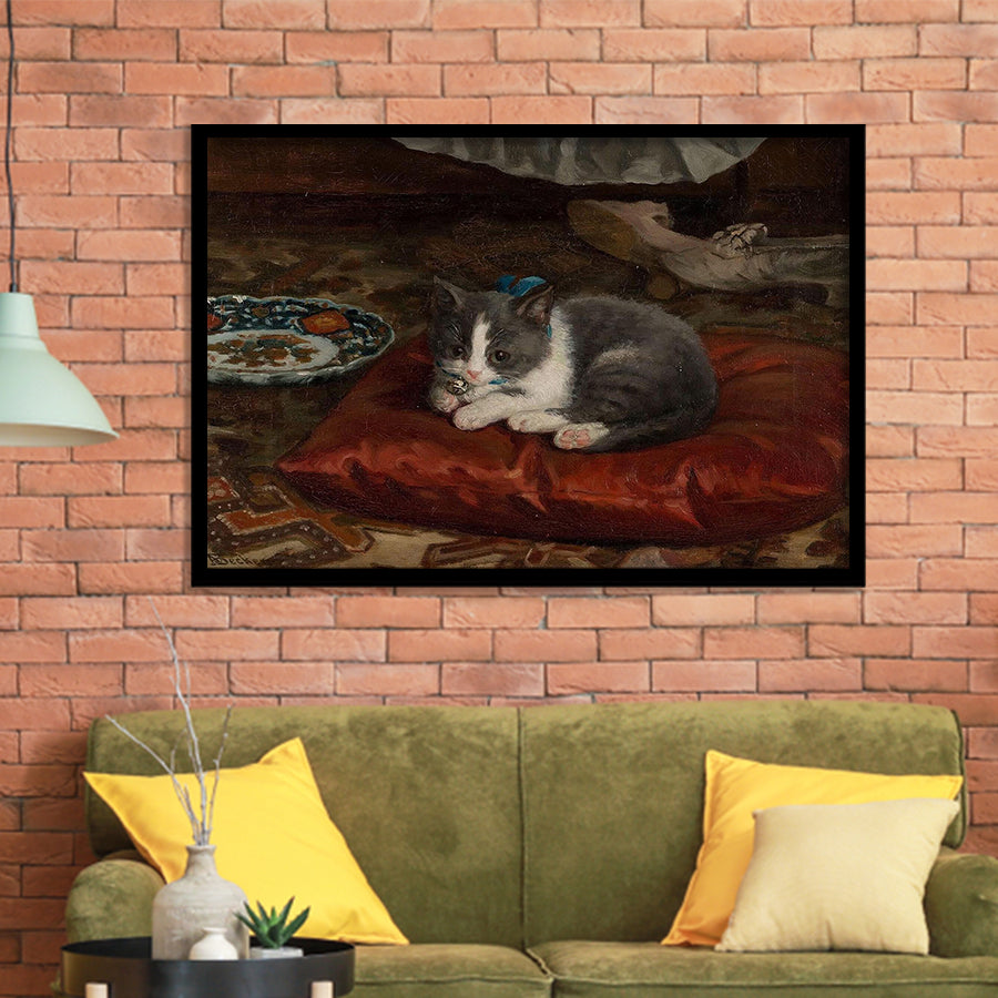 The Cat On The Pillow Adolf Von Becker Print,Vintage Art Print, Framed Art Print Wall Decor, Framed Picture