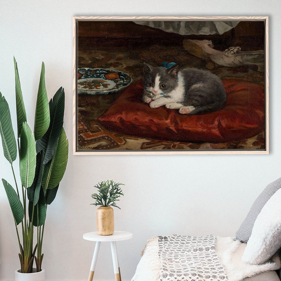The Cat On The Pillow Adolf Von Becker Print,Vintage Art Print, Framed Canvas Print Wall Art Decor,Floating Frame