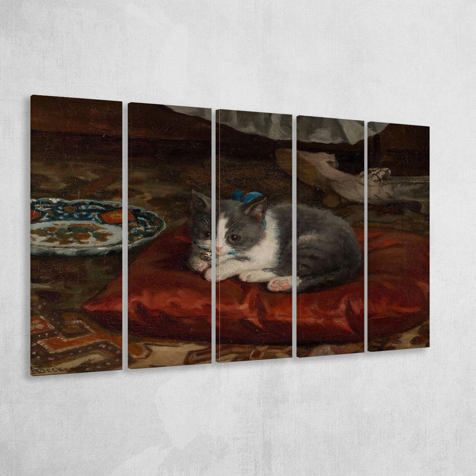 The Cat On The Pillow Adolf Von Becker Print,Vintage Art Print, Extra Large Multi 5 Panel Canvas Print Wall Art Decor