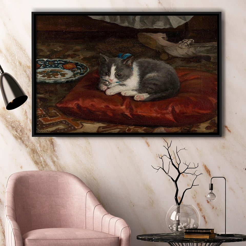 The Cat On The Pillow Adolf Von Becker Print,Vintage Art Print, Framed Canvas Print Wall Art Decor,Floating Frame