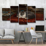 The Cat On The Pillow Adolf Von Becker Print,Vintage Art Print, Multi Panel Canvas Print Wall Art Decor, 5 Mixed Panel