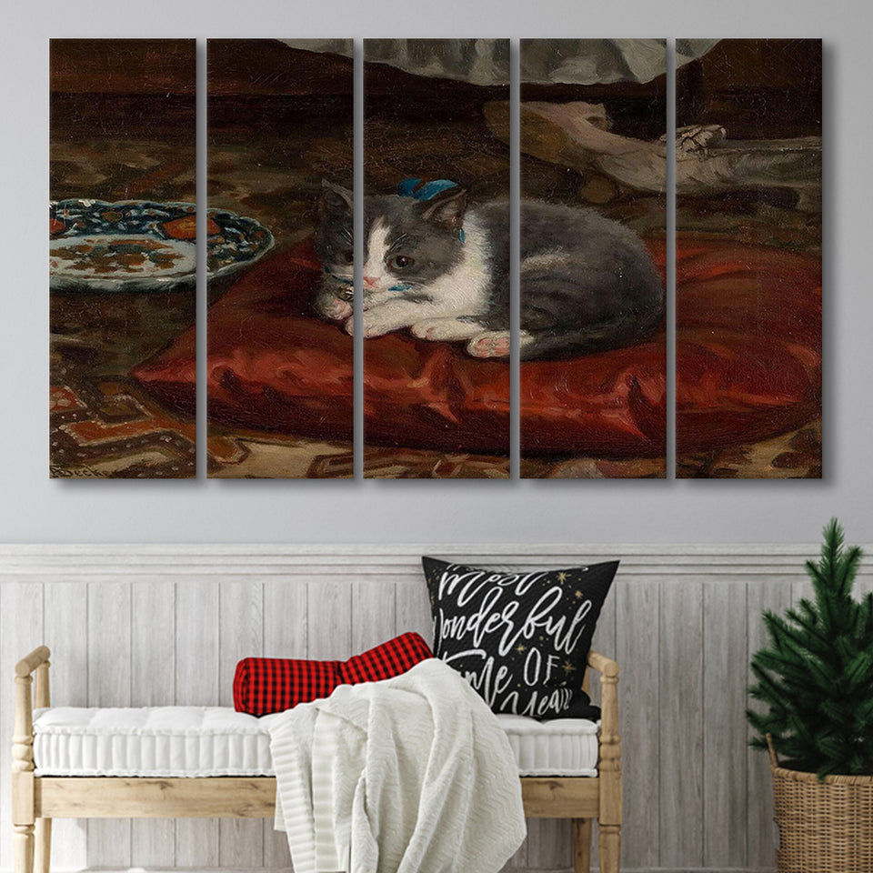 The Cat On The Pillow Adolf Von Becker Print,Vintage Art Print, Extra Large Multi 5 Panel Canvas Print Wall Art Decor