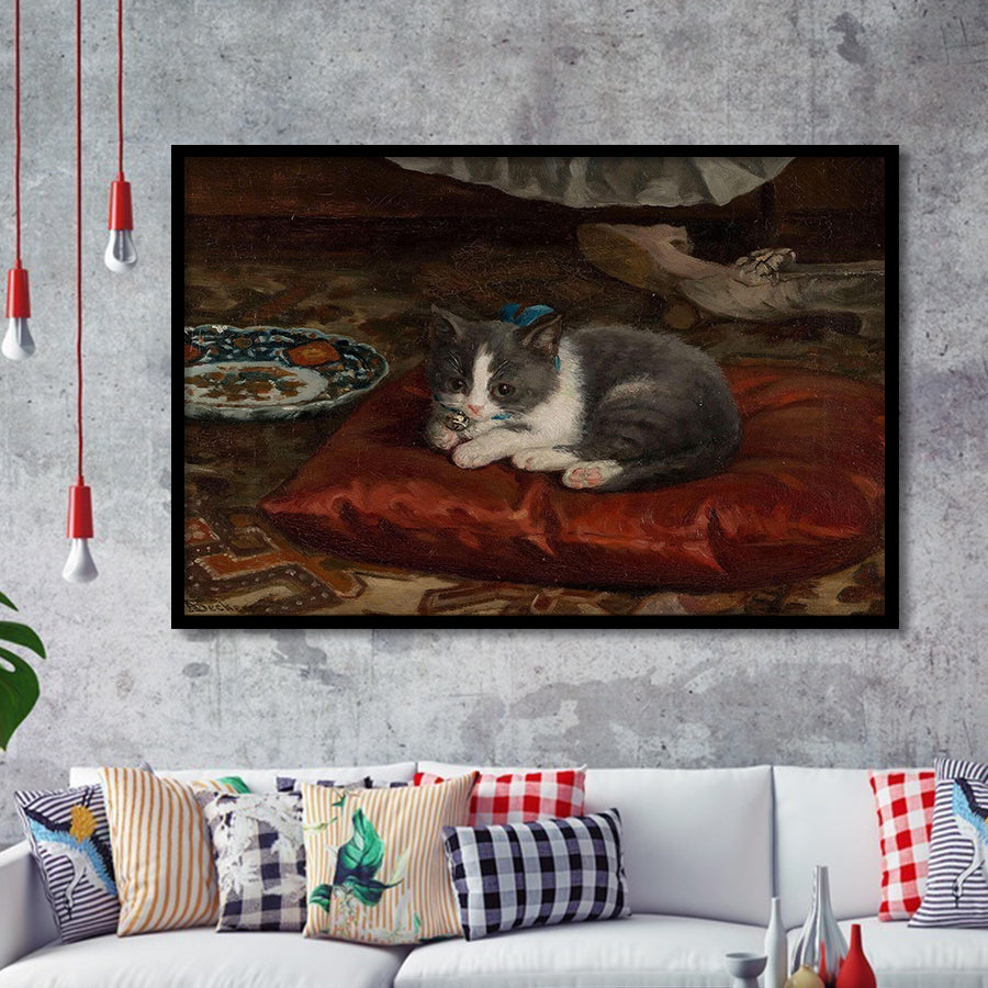 The Cat On The Pillow Adolf Von Becker Print,Vintage Art Print, Framed Art Print Wall Decor, Framed Picture