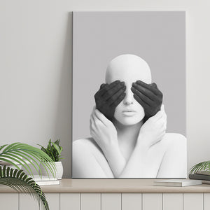 3D Effect Abstract Artwork White Woman Blindfolded By Black Hands Canvas Prints Wall Art
