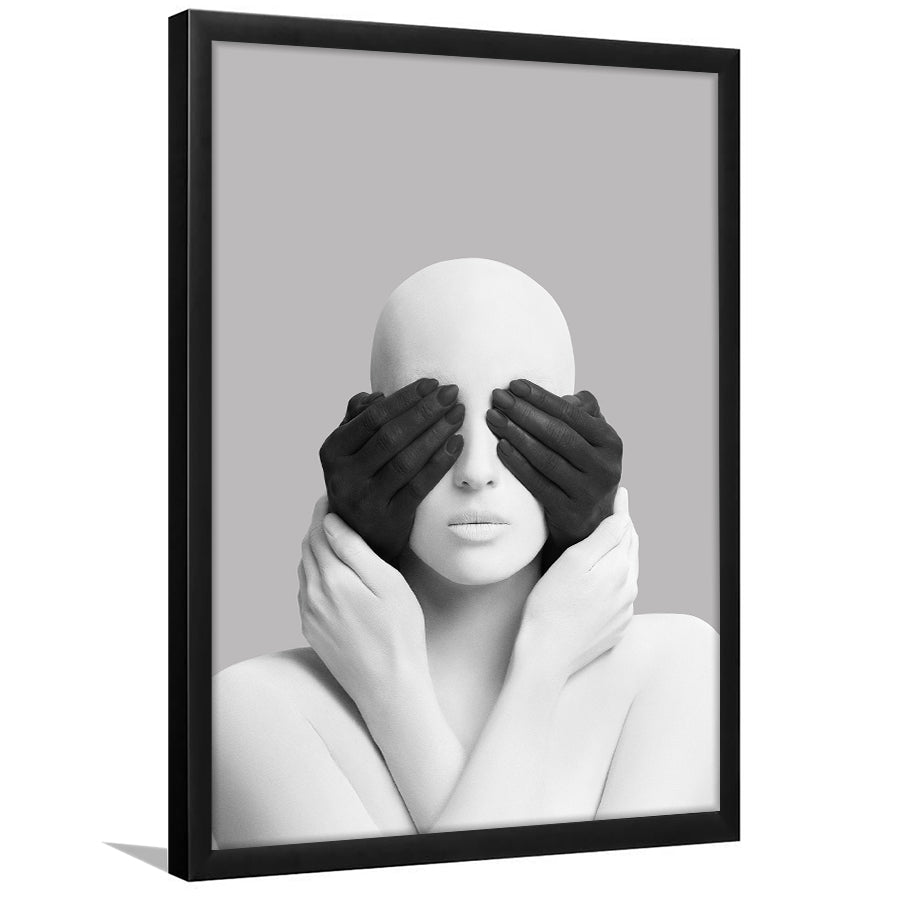 3D Effect Abstract Artwork White Woman Blindfolded By Black Hands Framed Art Prints Wall Decor