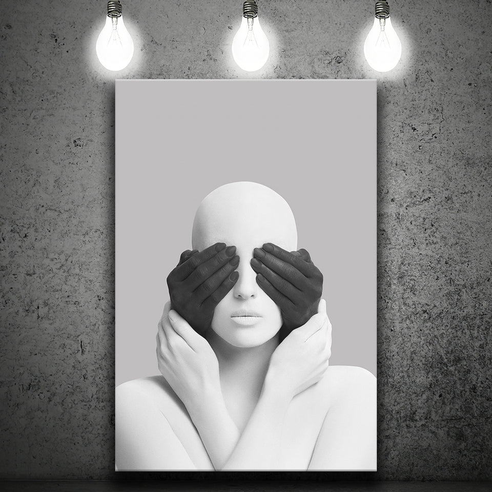 3D Effect Abstract Artwork White Woman Blindfolded By Black Hands Canvas Prints Wall Art