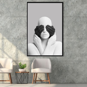 3D Effect Abstract Artwork White Woman Blindfolded By Black Hands Framed Canvas Prints Wall Art Decor