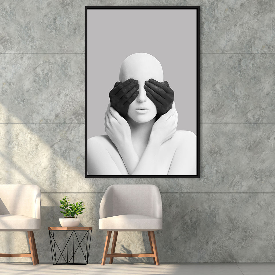 3D Effect Abstract Artwork White Woman Blindfolded By Black Hands Framed Canvas Prints Wall Art Decor