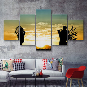 2 American Indian Playing Music Art 5 Pieces Canvas Prints Wall Art - Painting Canvas, Multi Panels, Wall Decor