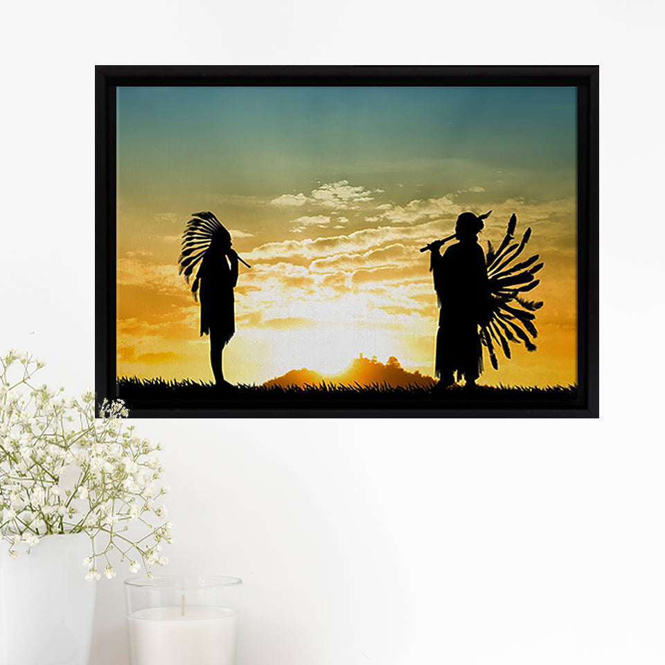 2 American Indian Playing Music Art Framed Canvas Prints Wall Art - Painting Canvas, Floating Frame, Home Wall Decor