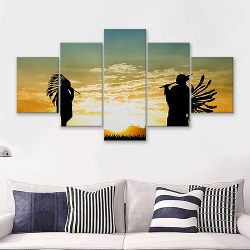 2 American Indian Playing Music Art 5 Pieces Canvas Prints Wall Art - Painting Canvas, Multi Panels, Wall Decor