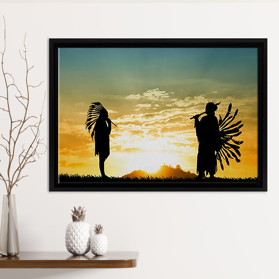 2 American Indian Playing Music Art Framed Canvas Prints Wall Art - Painting Canvas, Floating Frame, Home Wall Decor