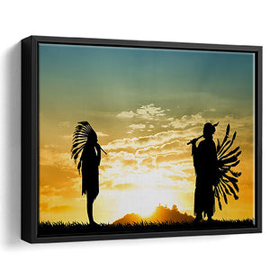 2 American Indian Playing Music Art Framed Canvas Prints Wall Art - Painting Canvas, Floating Frame, Home Wall Decor