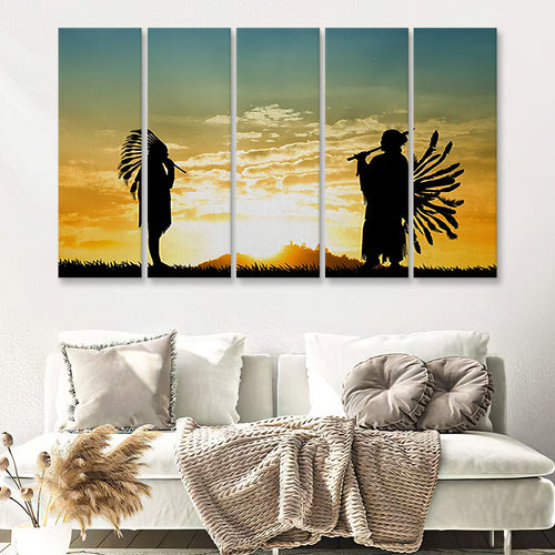 2 American Indian Playing Music Art 5 Pieces B Canvas Prints Wall Art - Painting Canvas, Multi Panels, Wall Decor