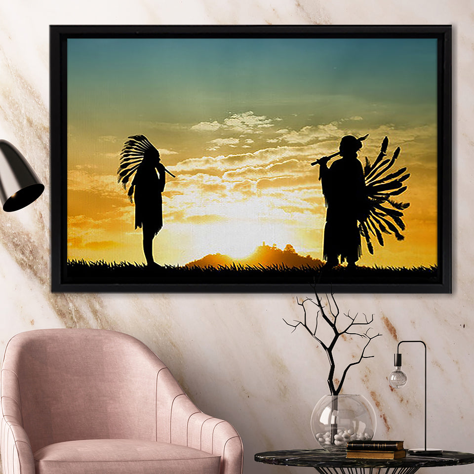 2 American Indian Playing Music Art Framed Canvas Prints Wall Art - Painting Canvas, Floating Frame, Home Wall Decor