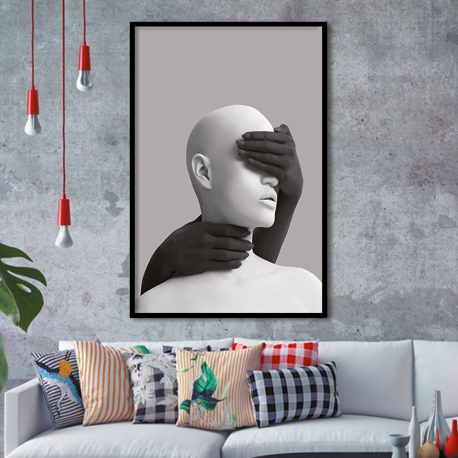 3D Effect Abstract Hides The White Womans Eyes By Black Hands Framed Art Prints Wall Decor