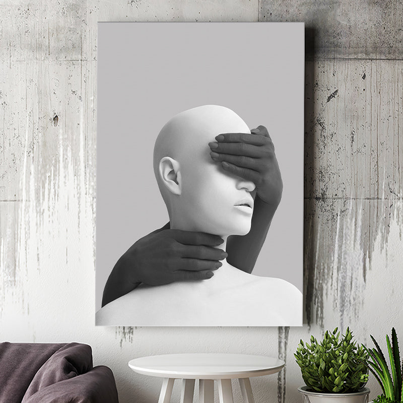 3D Effect Art Abstract White Woman Blindfolded By Red Hands Canvas Prints  Wall Art - Painting Canvas,Wall Decor, Painting Prints