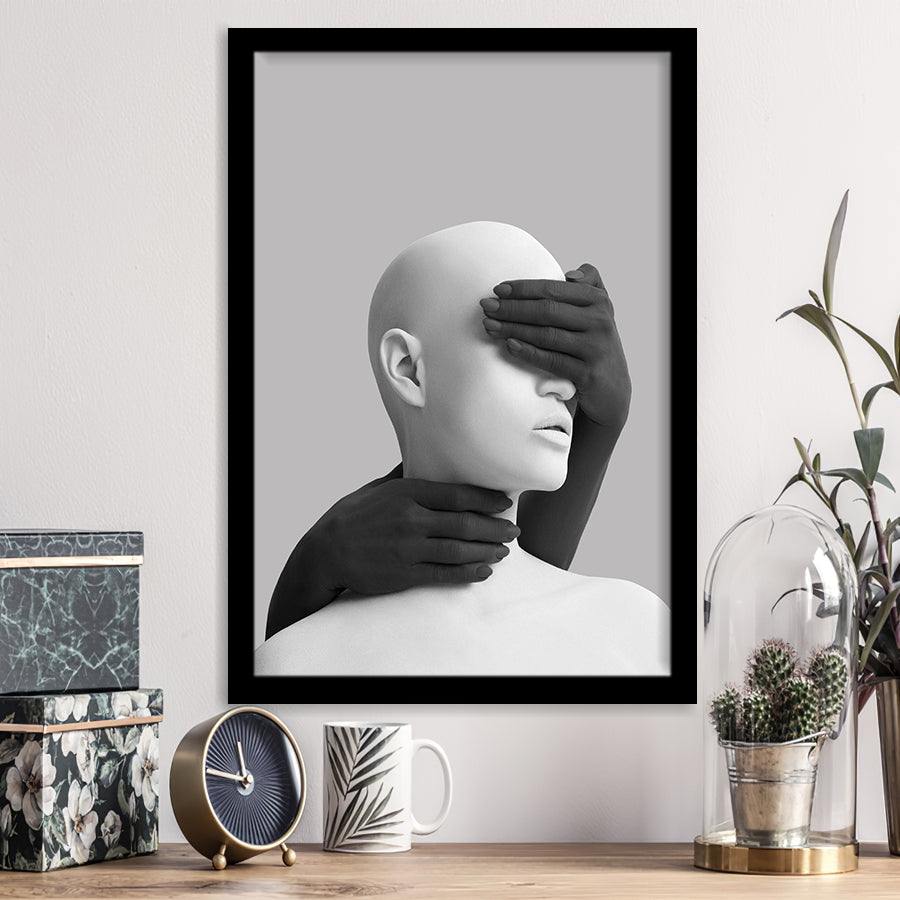 3D Effect Abstract Hides The White Womans Eyes By Black Hands Framed Art Prints Wall Decor