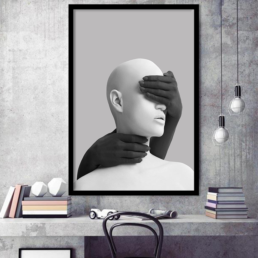 3D Effect Abstract Hides The White Womans Eyes By Black Hands Framed Art Prints Wall Decor
