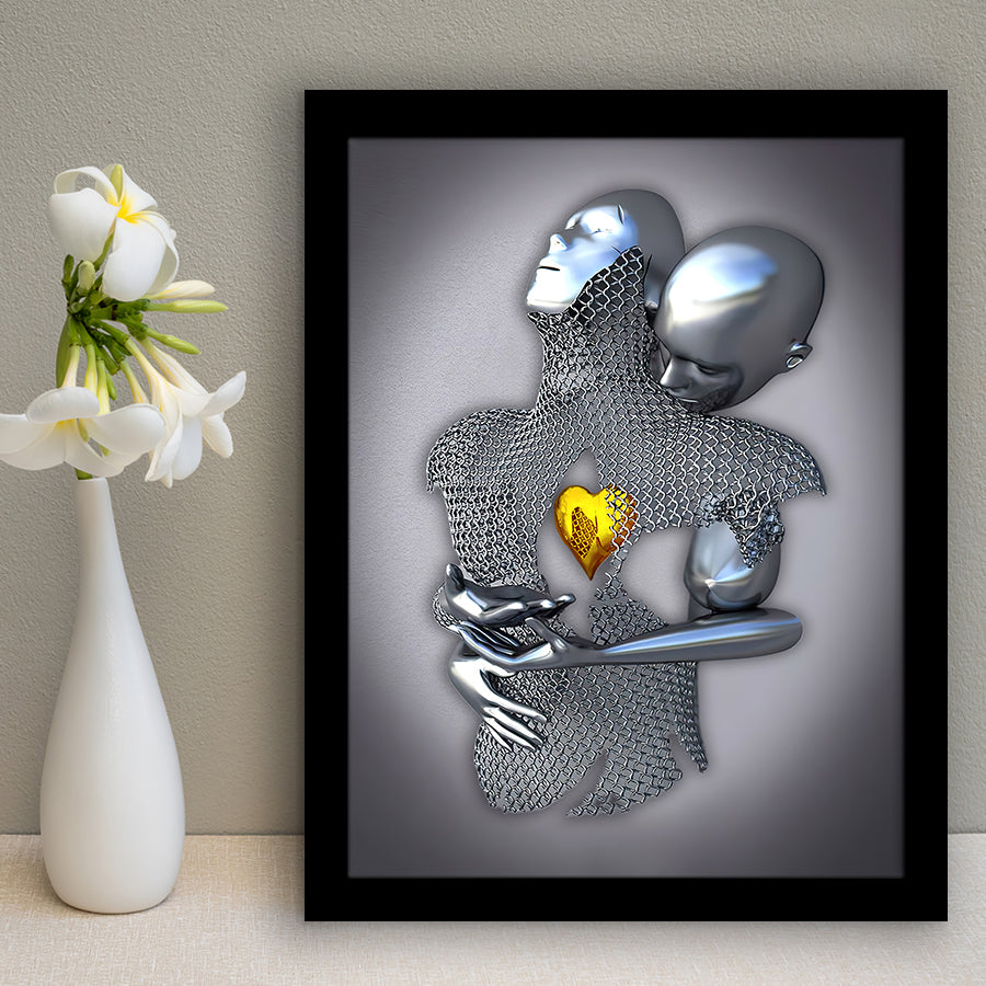 3D Effect Art Love Heart V2 Glitter Gold Background Framed Canvas