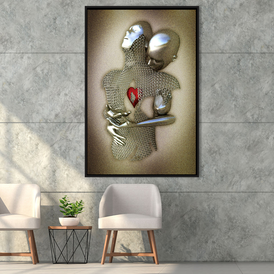 3D Effect Art Eternal Love Iron Mesh Glitter Gold Heart Moon Red V1 Framed Canvas Prints Wall Art - Painting Canvas,Floating Frame