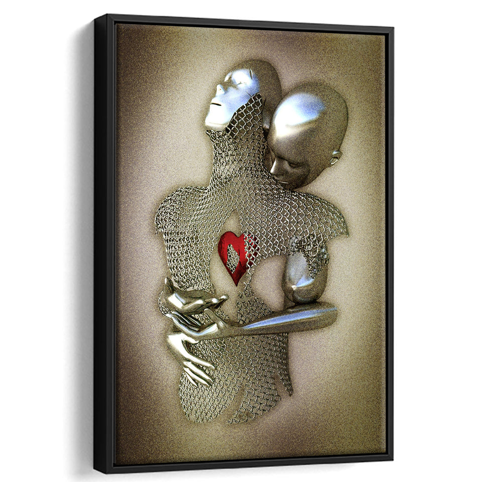 3D Effect Art Eternal Love Iron Mesh Glitter Gold Heart Moon Red V1 Framed Canvas Prints Wall Art - Painting Canvas,Floating Frame