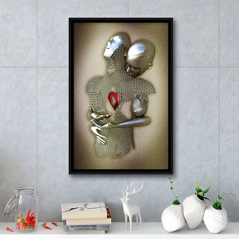 3D Effect Art Eternal Love Iron Mesh Glitter Gold Heart Moon Red V1 Framed Canvas Prints Wall Art - Painting Canvas,Floating Frame