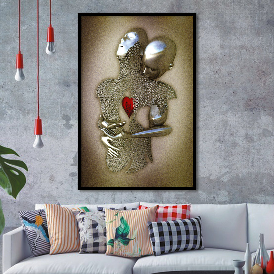 3D Effect Art Eternal Love Iron MeshGlitter Gold Heart Moon Red Framed Art Print Wall Decor - Painting Art,Framed Picture,Wall Art