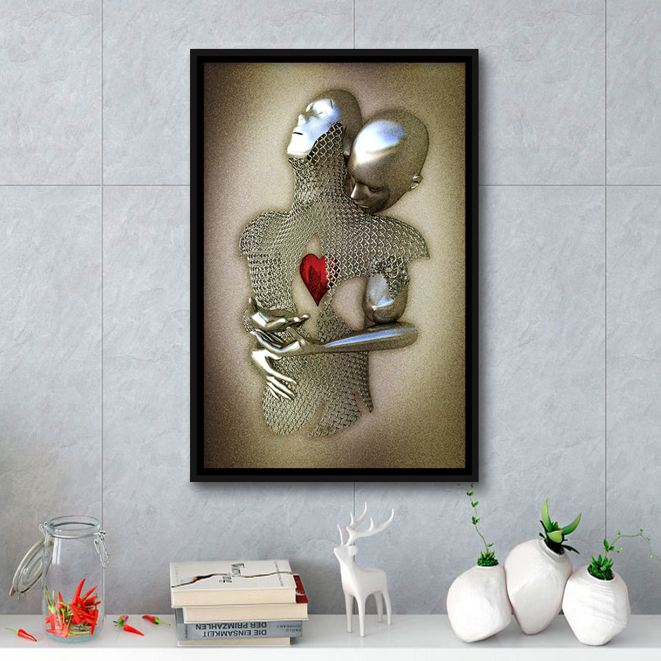 3D Effect Art Eternal Love Iron Mesh Glitter Gold Heart Moon Red Framed Canvas Prints Wall Art - Painting Canvas,Floating Frame