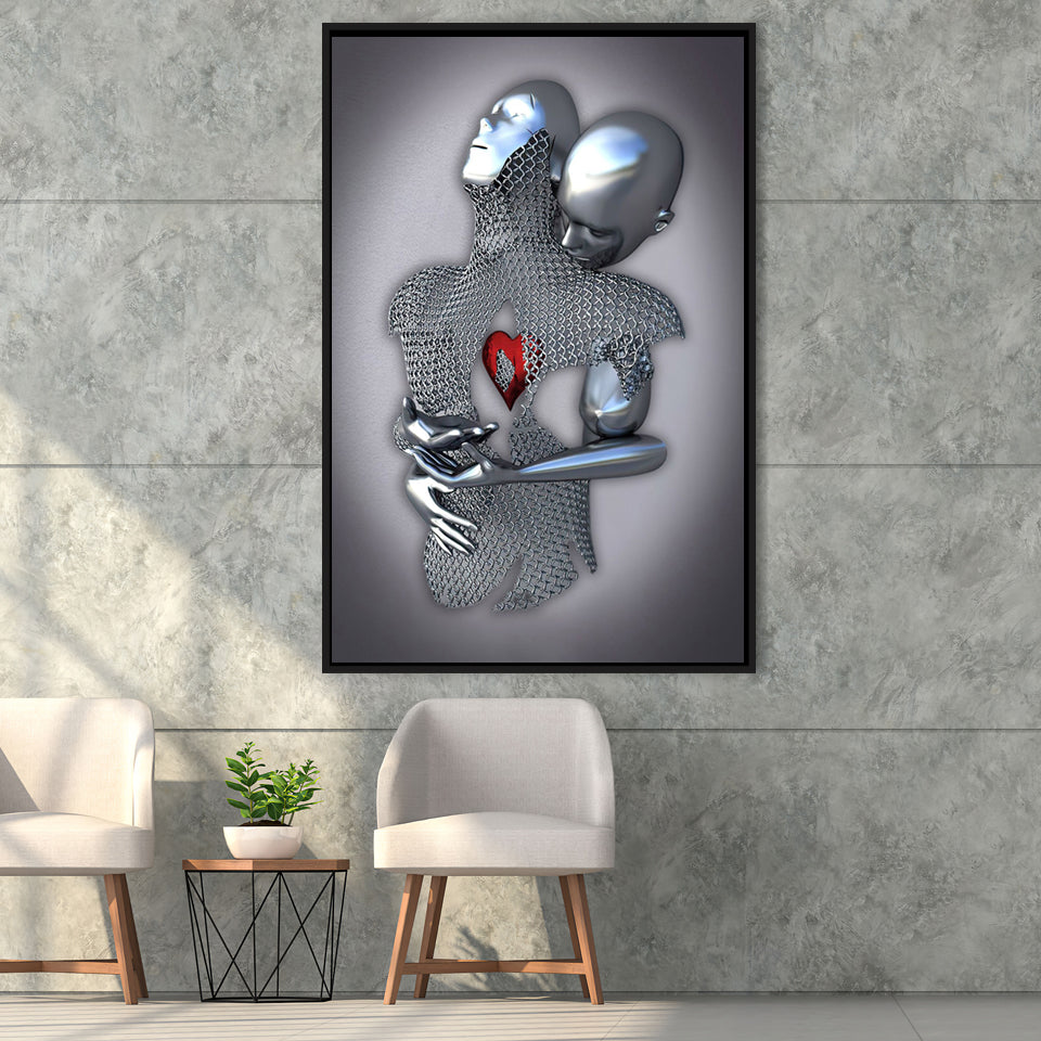 3D Effect Art Eternal Love Iron Mesh Red Heart Color Gold V1 Framed Canvas Prints Wall Art - Painting Canvas,Floating Frame