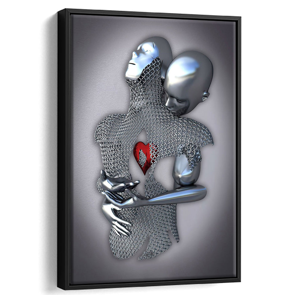 3D Effect Art Eternal Love Iron Mesh Red Heart Color Gold V1 Framed Canvas Prints Wall Art - Painting Canvas,Floating Frame