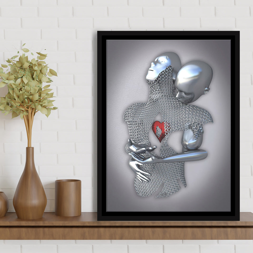 3D Effect Art Eternal Love Iron Mesh Red Heart Color Gold V1 Framed Canvas Prints Wall Art - Painting Canvas,Floating Frame