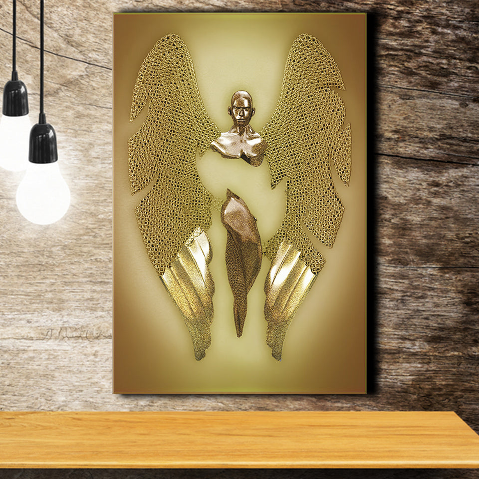 3D Effect Art Fallen Angel Iron Mesh Glitter Gold Background V2 Canvas Prints Wall Art - Painting Canvas, Home Wall Decor, For Sale