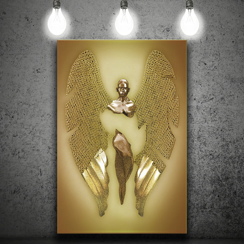 3D Effect Art Fallen Angel Iron Mesh Glitter Gold Background V2 Canvas Prints Wall Art - Painting Canvas, Home Wall Decor, For Sale