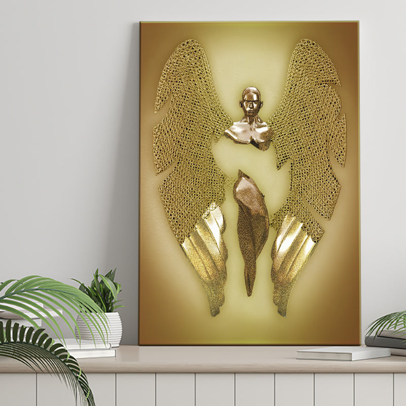 3D Effect Art Fallen Angel Iron Mesh Glitter Gold Background V2 Canvas Prints Wall Art - Painting Canvas, Home Wall Decor, For Sale